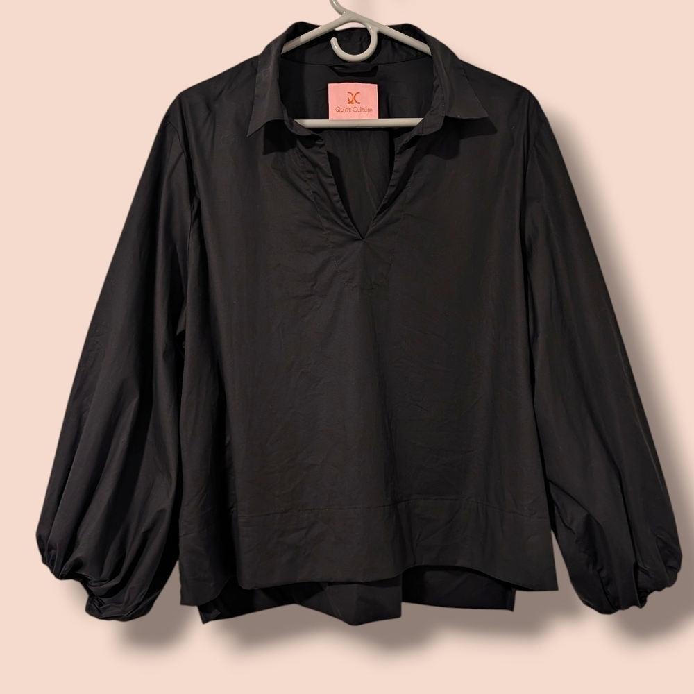 Quiet Culture Black Poplin Cotton Puff Sleeve V-Neck Take Pause Shirt XXL